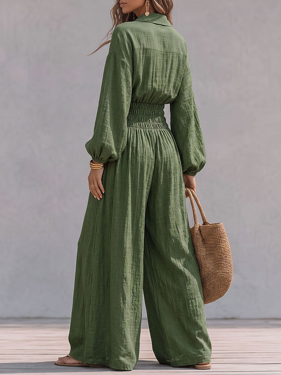 Olive Green Buttoned Lapel Jumpsuit