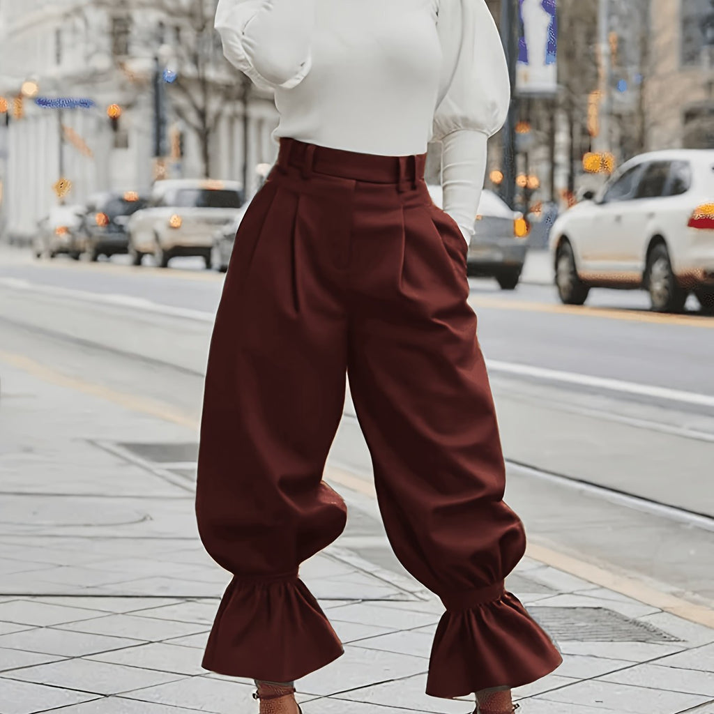 Navy ruffled-hem wide-leg Pants