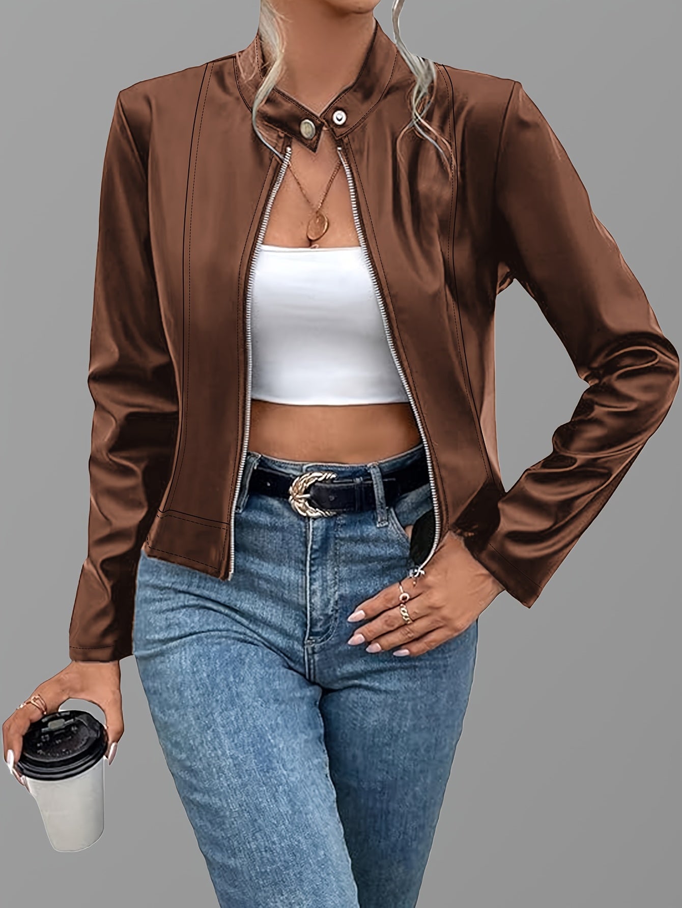 Loess Ochre faux leather cropped jacket, hem detail
