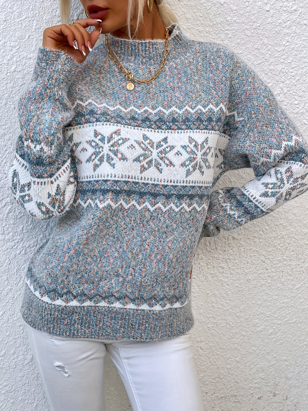 Gray cozy snowflake mock-neck sweater