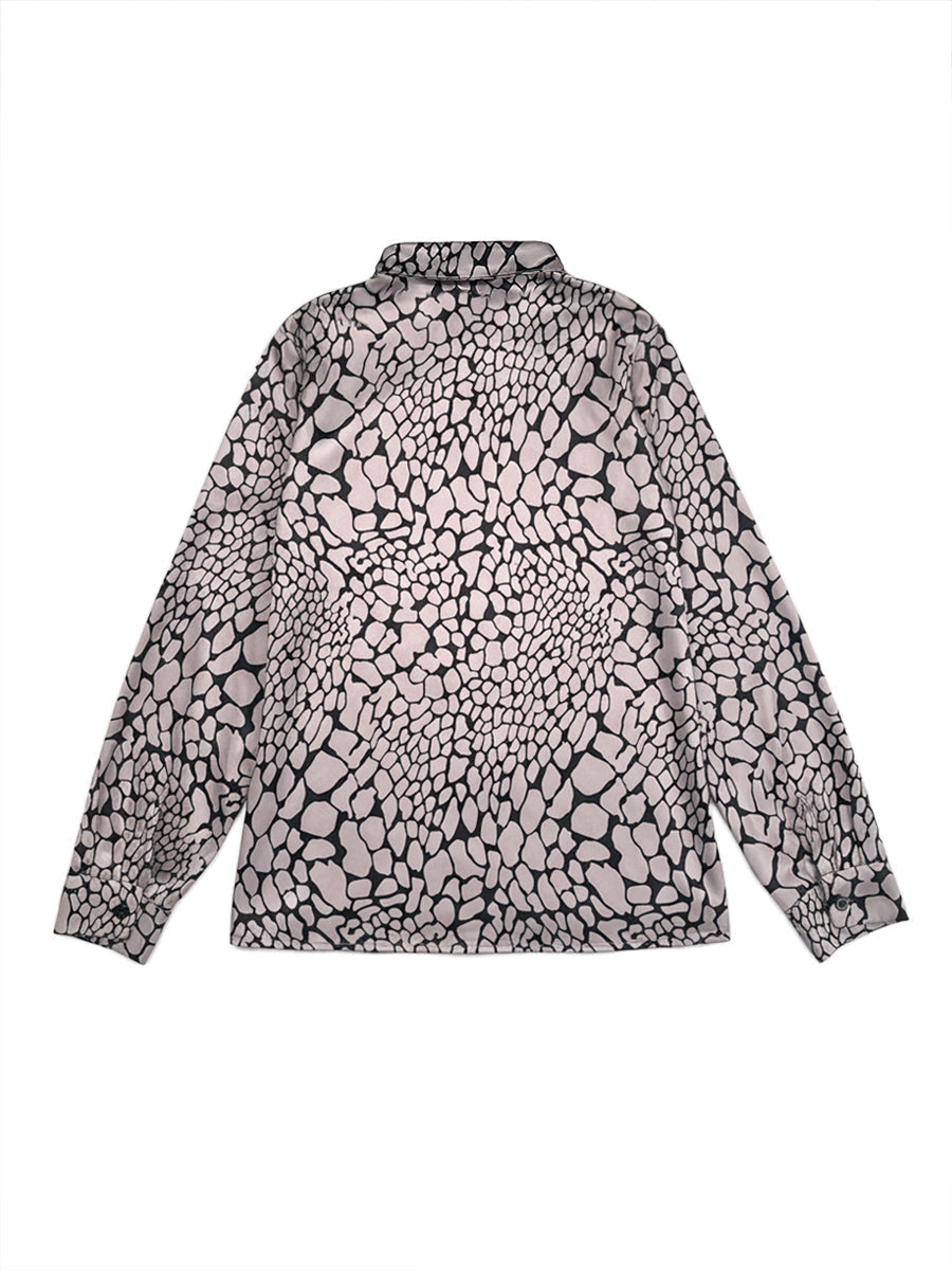 Gray Snakeskin Print Contrast Lapel Blouse