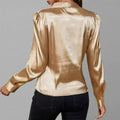Champagne Satin Draped Wrap Puff Sleeve Blouse, front view