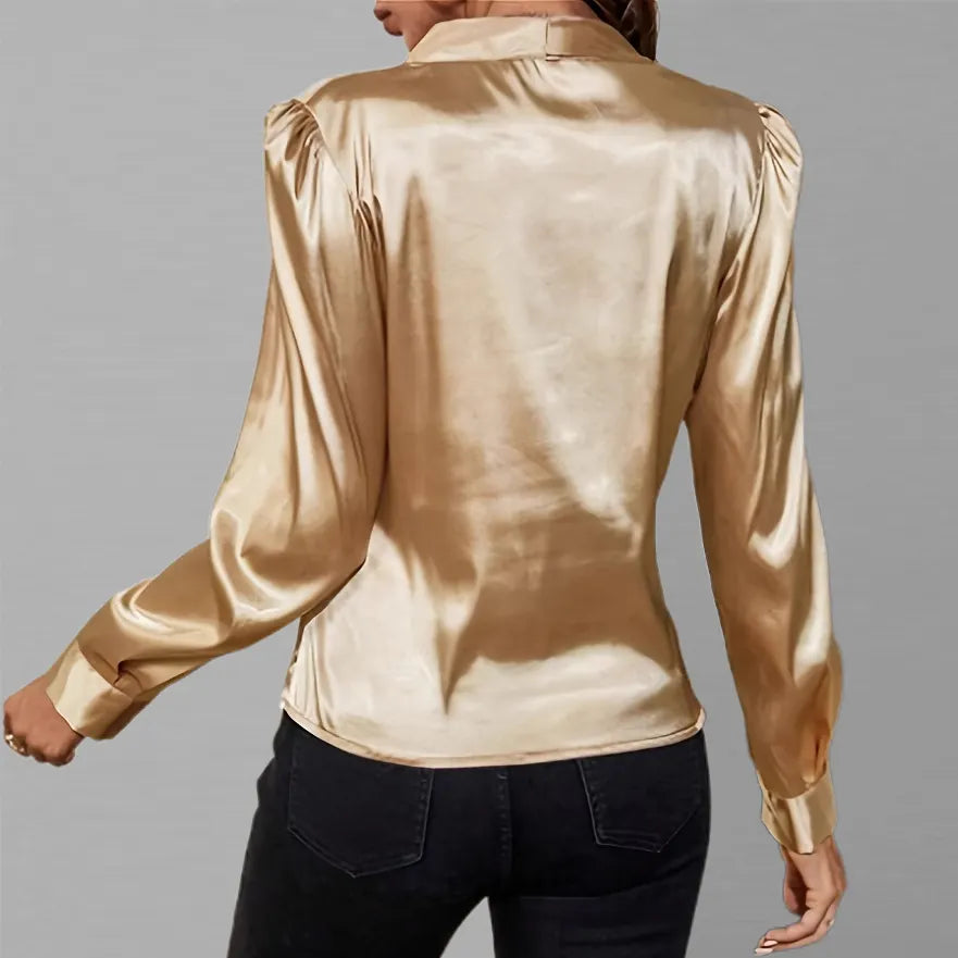 Champagne Satin Draped Wrap Puff Sleeve Blouse, front view