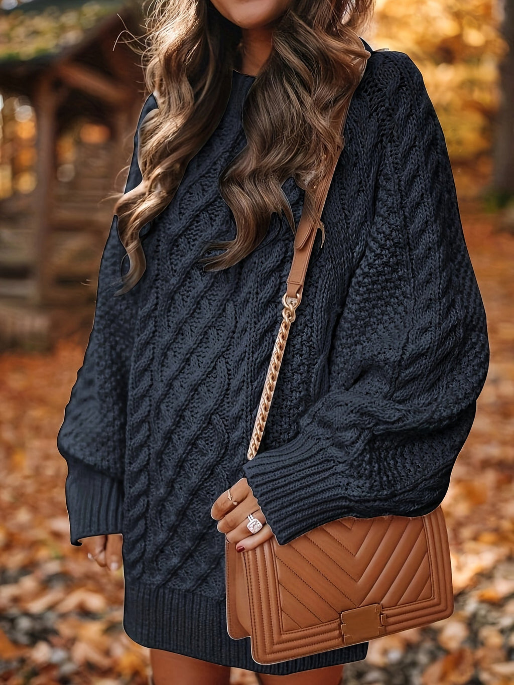 Black Cozy Cable-Knit Sweater Dress