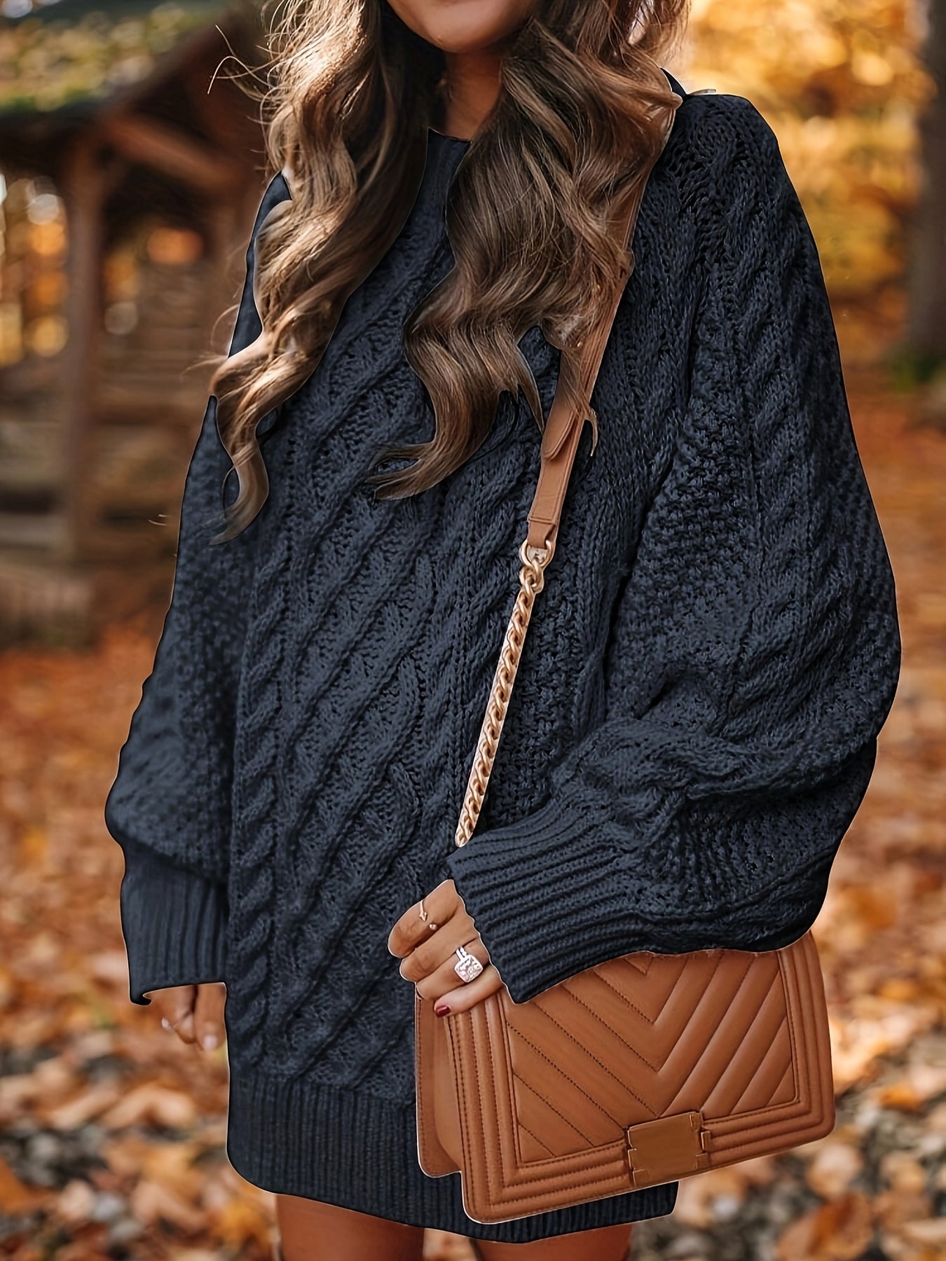 Black Cozy Cable-Knit Sweater Dress