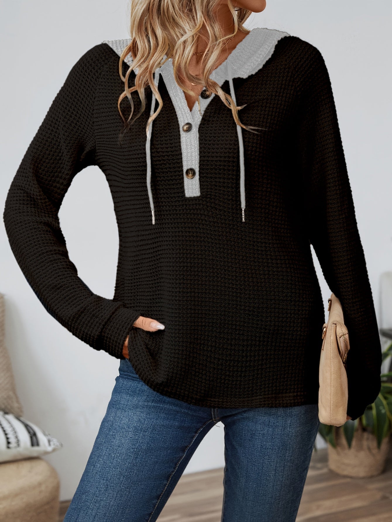 Beige relaxed waffle-texture hooded top