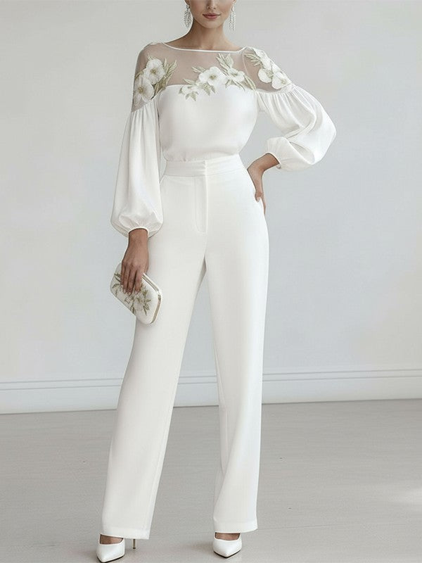 White floral applique mesh puff sleeve blouse, full-length front view