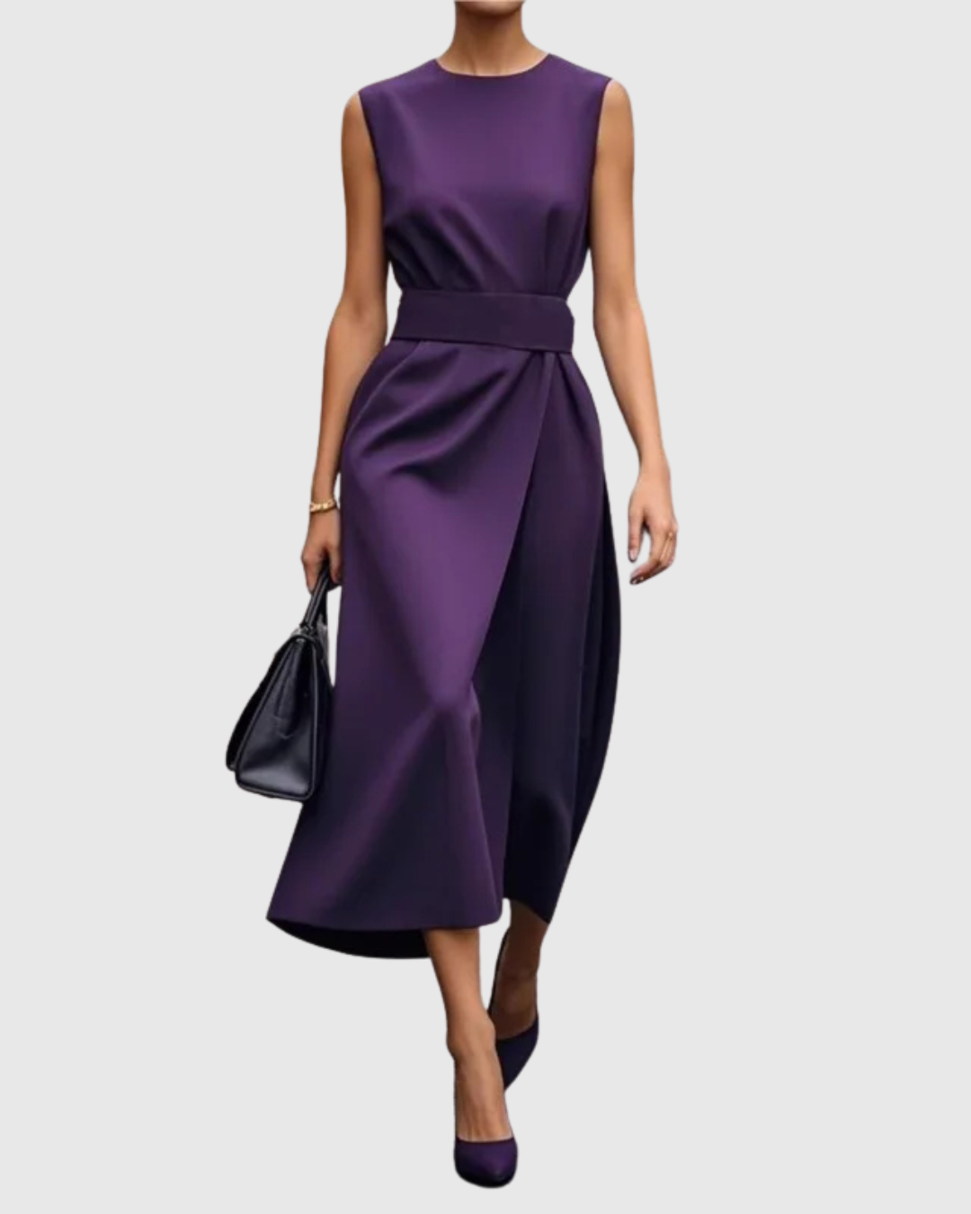 Dark Brown Round Neck Sleeveless Draped Midi Dress
