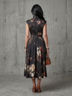 Greta - High Neck Keyhole Floral Pleated Midi Dress