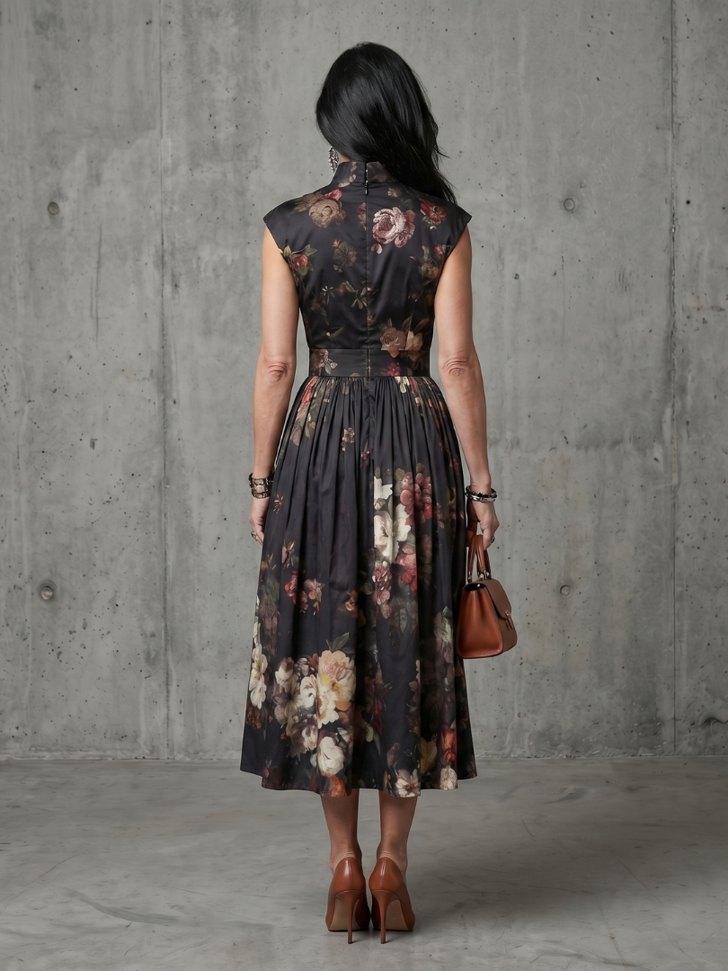 Greta - High Neck Keyhole Floral Pleated Midi Dress