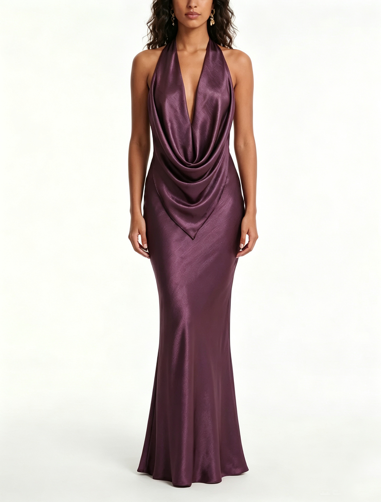 Purple Satin Cowl Neck Halter Maxi Dress, front view