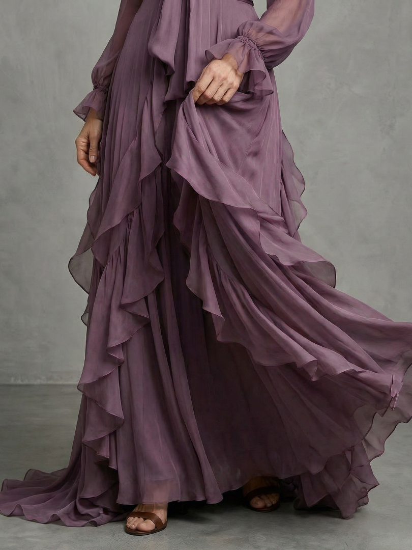 Demetria - Tie Neck Ruffle Tiered Maxi Dress