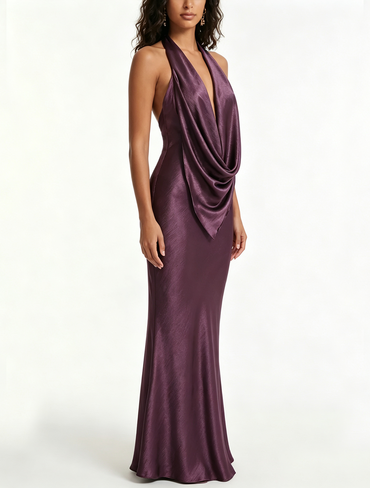 Purple Satin Cowl Neck Halter Maxi Dress