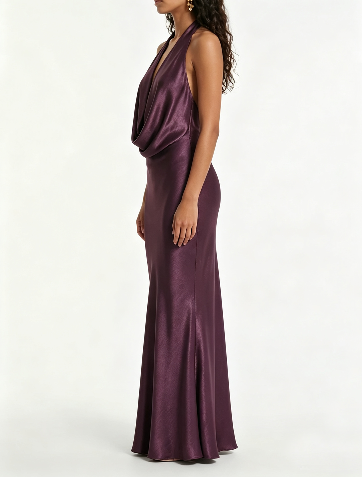 Purple Satin Cowl Neck Halter Maxi Dress