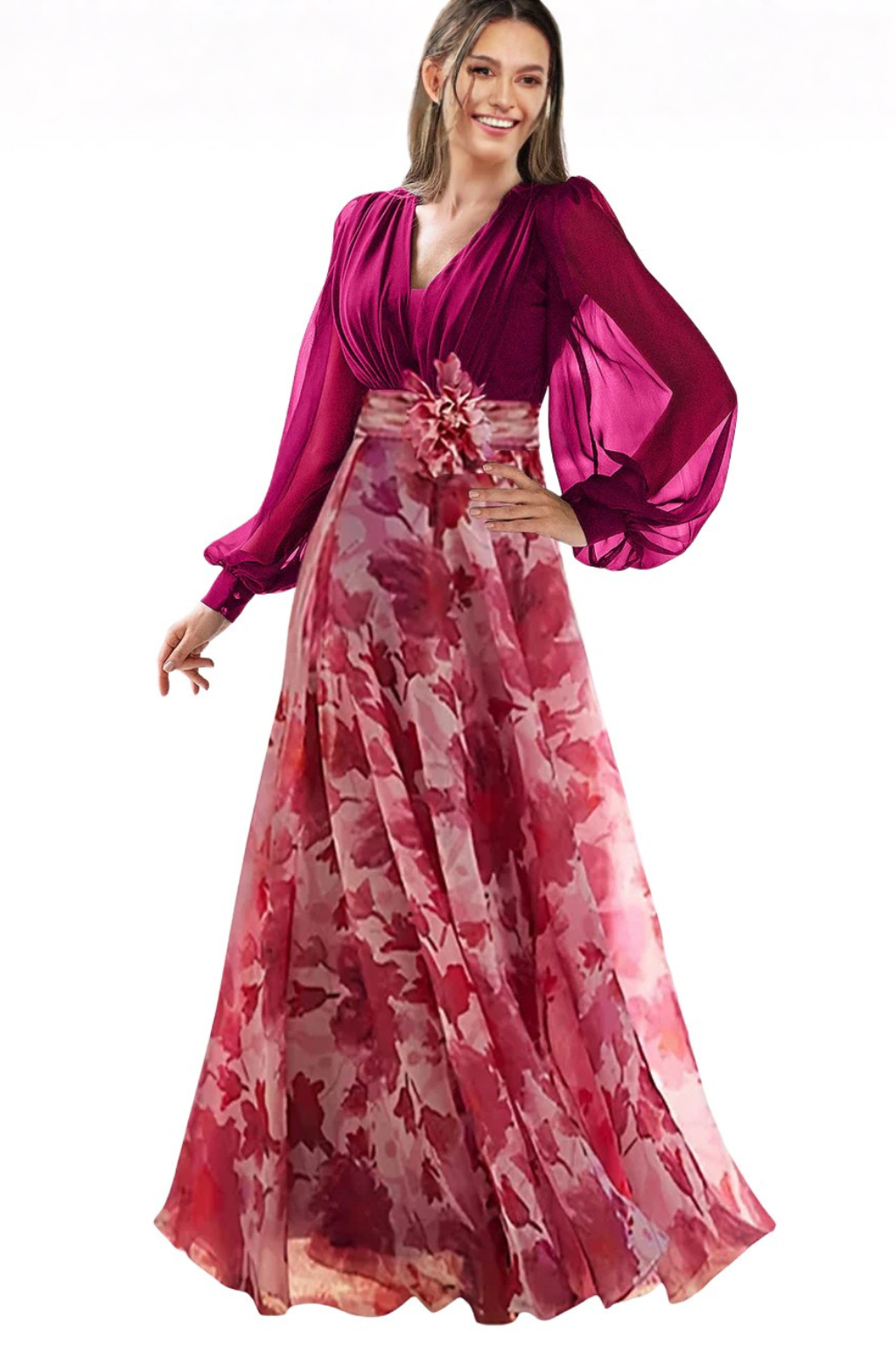 Floral Balloon Sleeve Wedding Guest Maxi Dress