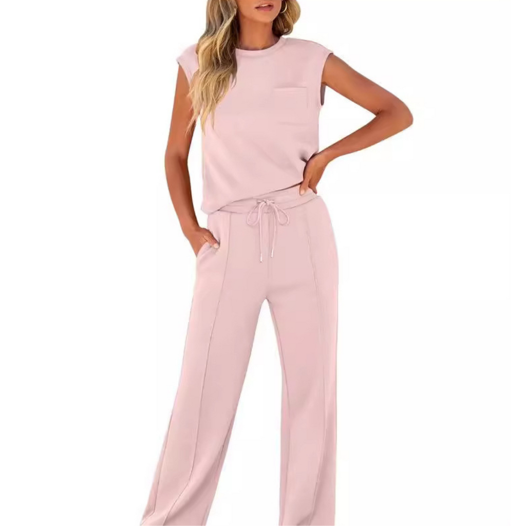 Pink sleeveless round-neck top and trousers co-ord set