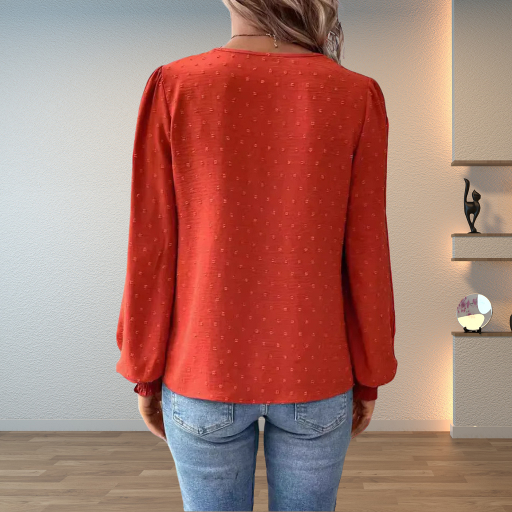 Red V neck long sleeve floral blouse for women, full length view