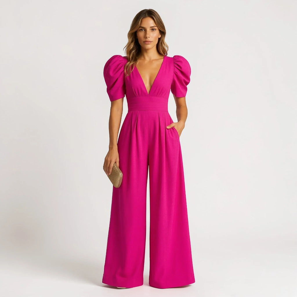 Wide leg puff sleeve jumpsuit full length side view - Senselle