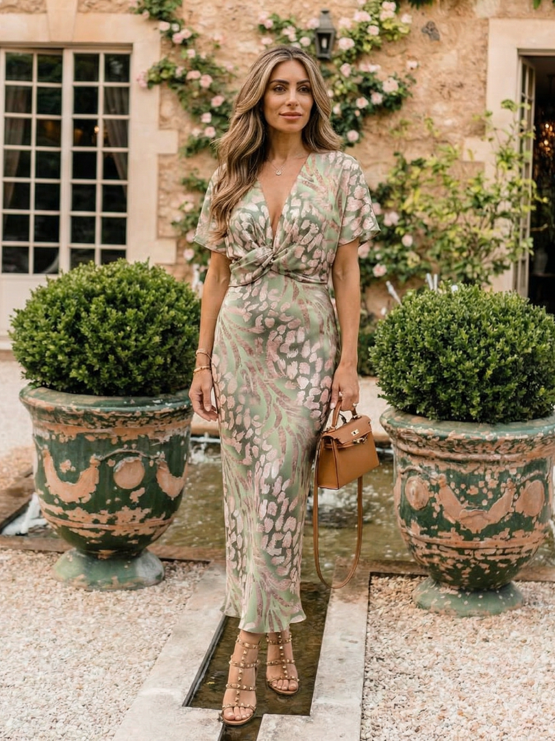 Coralie - Abstract Print V Neck Twist Waist Midi Dress