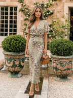 Coralie - Abstract Print V Neck Twist Waist Midi Dress