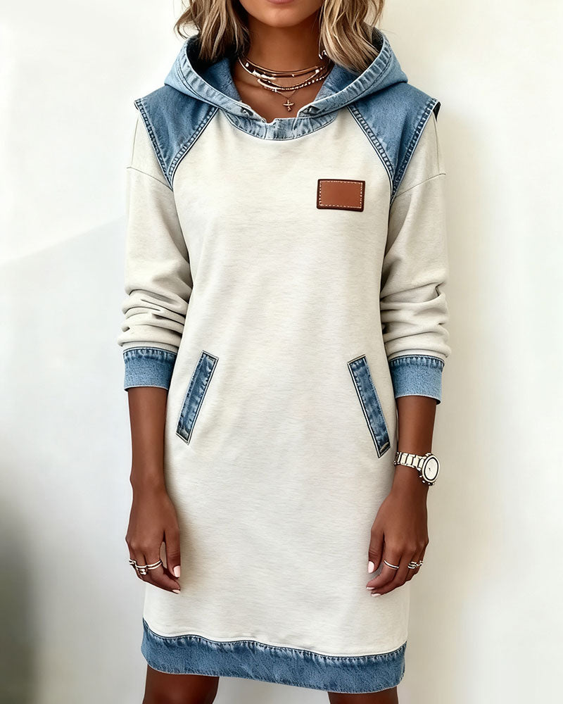 Black Hooded Panelled Colour Block Dress, front view