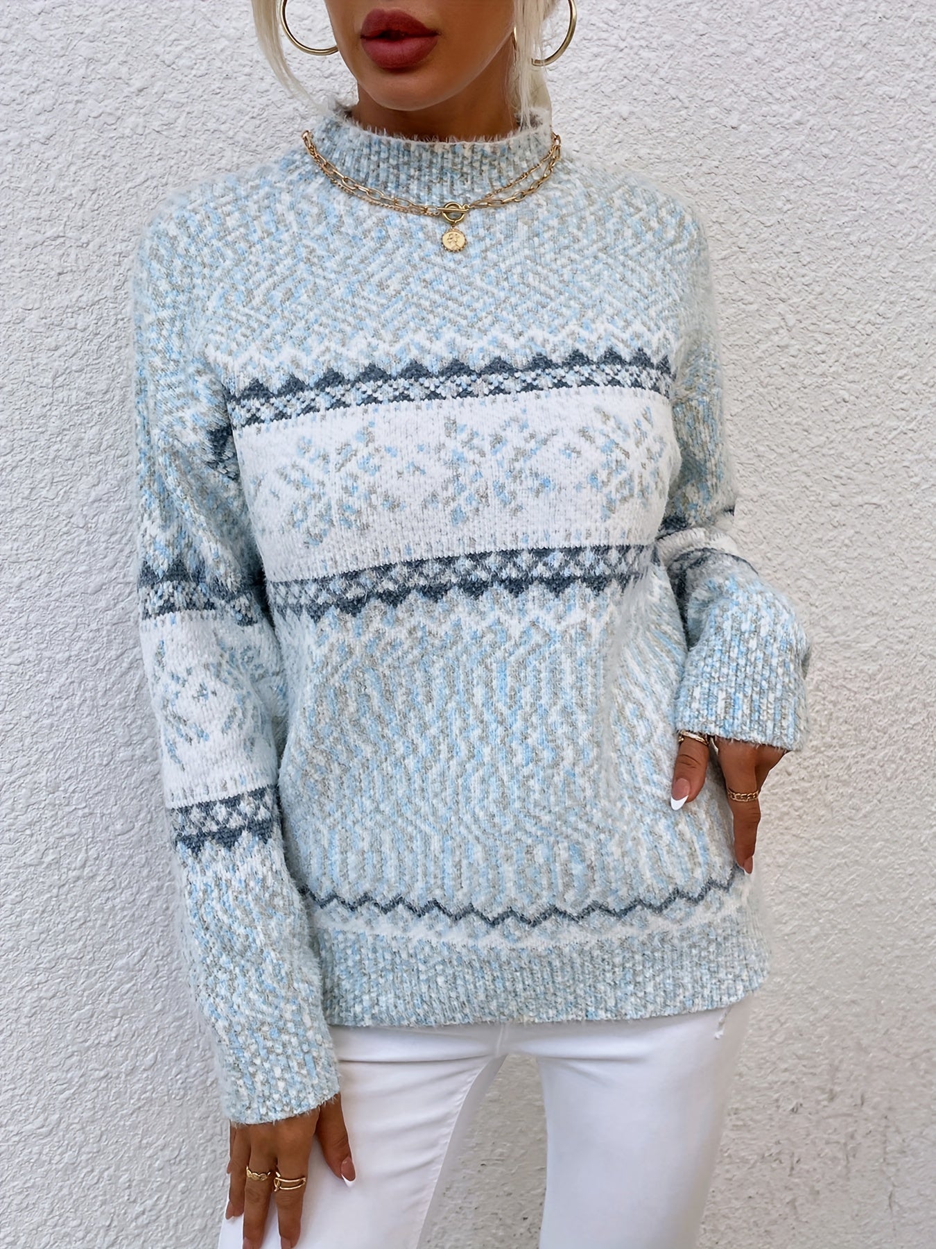 Gray cozy snowflake mock-neck sweater