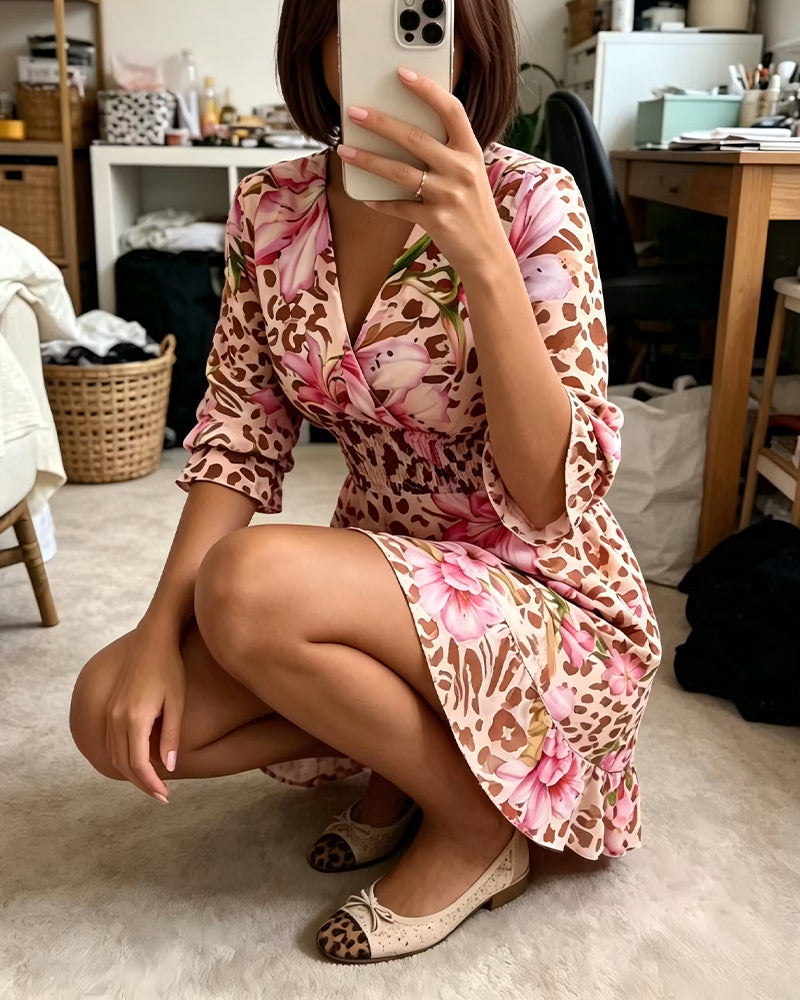 Pink V-neck floral dress, full length view