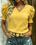 Yellow V-neck bubble sleeve jacquard blouse, front view