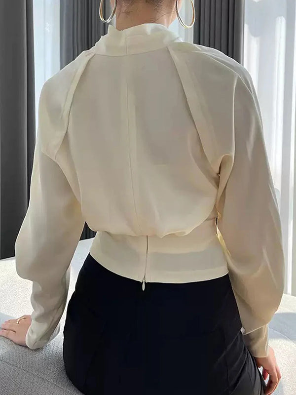 White Zip-Front V-Neck Blouse