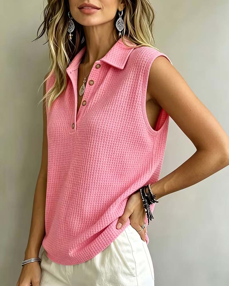Pink button front polo waffle tank top, front view
