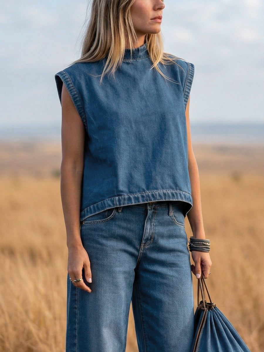 Deep Blue denim mock-neck vest top and wide-leg jeans co-ord set, close-up detail