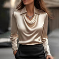 Black Draped Neckline Satin Blouse, front view