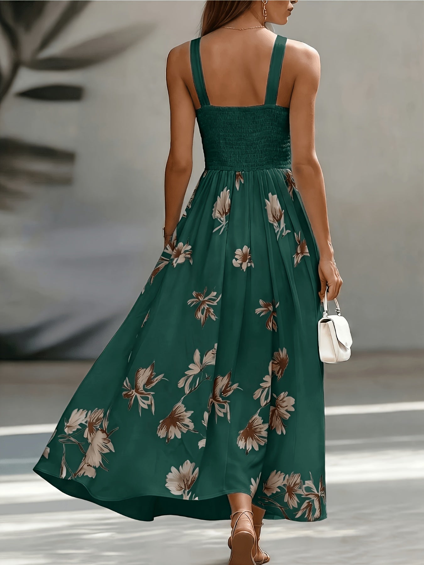 Red Shirred Geometric Print V-Neck Midi Dress