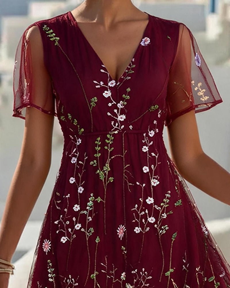 V-Neck Sheer Floral Midi Dress Garden Party | Senselle