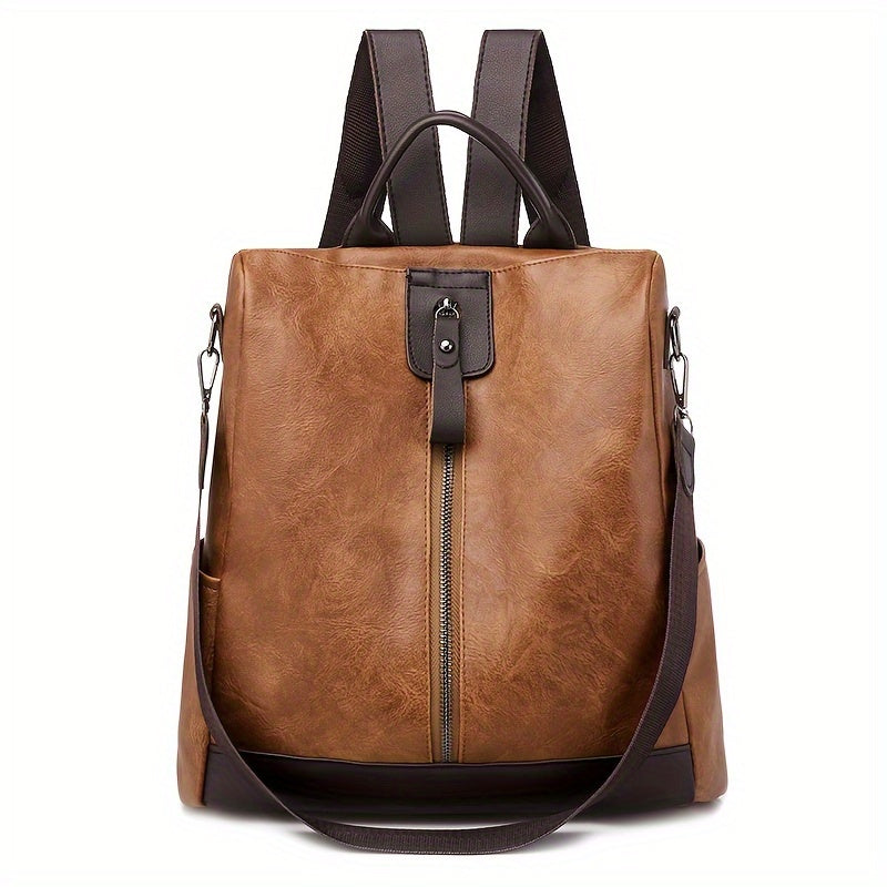 Brown Vegan Leather Anti-Theft Backpack, front view