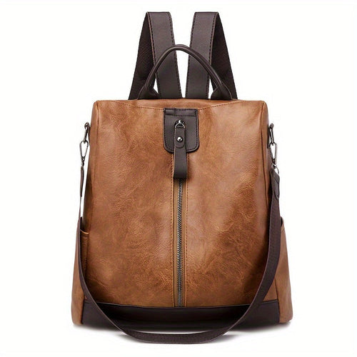 Brown Vegan Leather Anti-Theft Backpack, front view