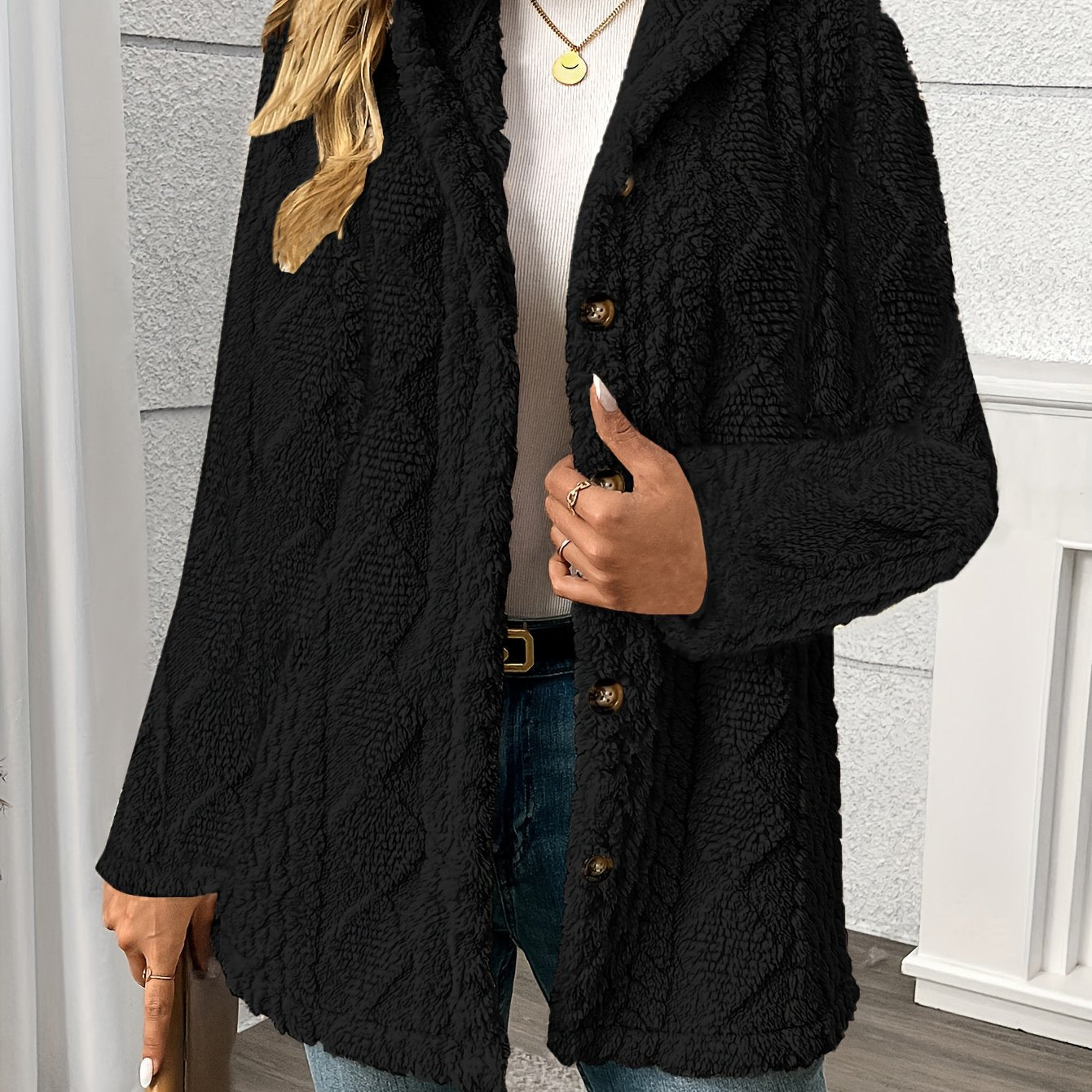Black Textured Coat, front view