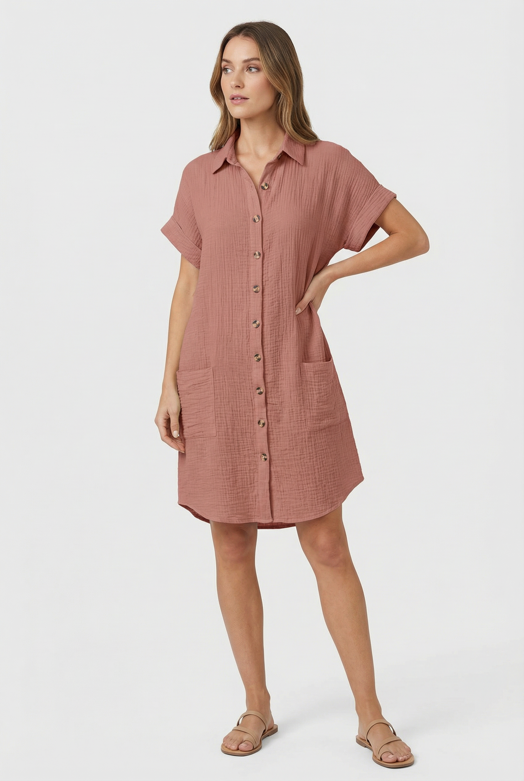 Women's Cotton Blend Short Sleeve Shirt Dress