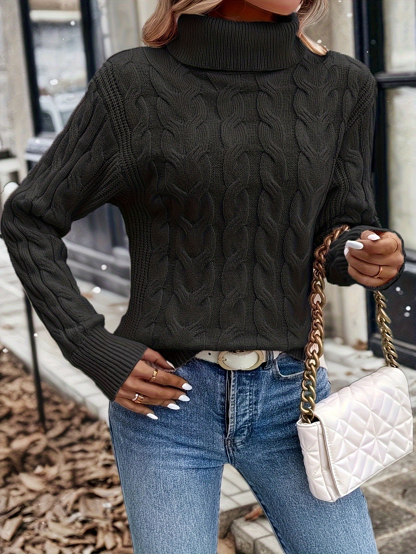 Red cozy cable-knit turtleneck sweater