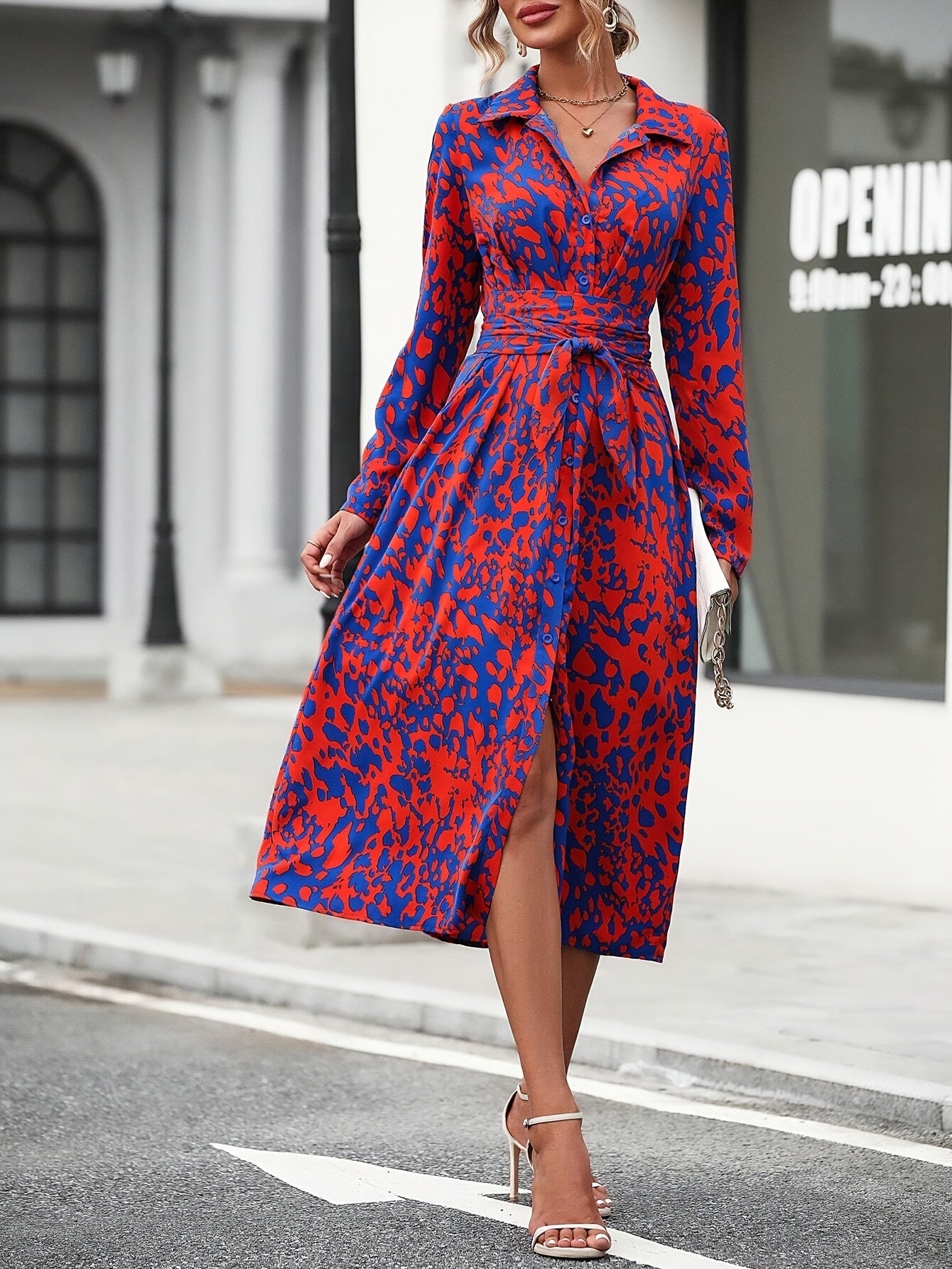 Geometric Print Belted Shirt Dress Summer