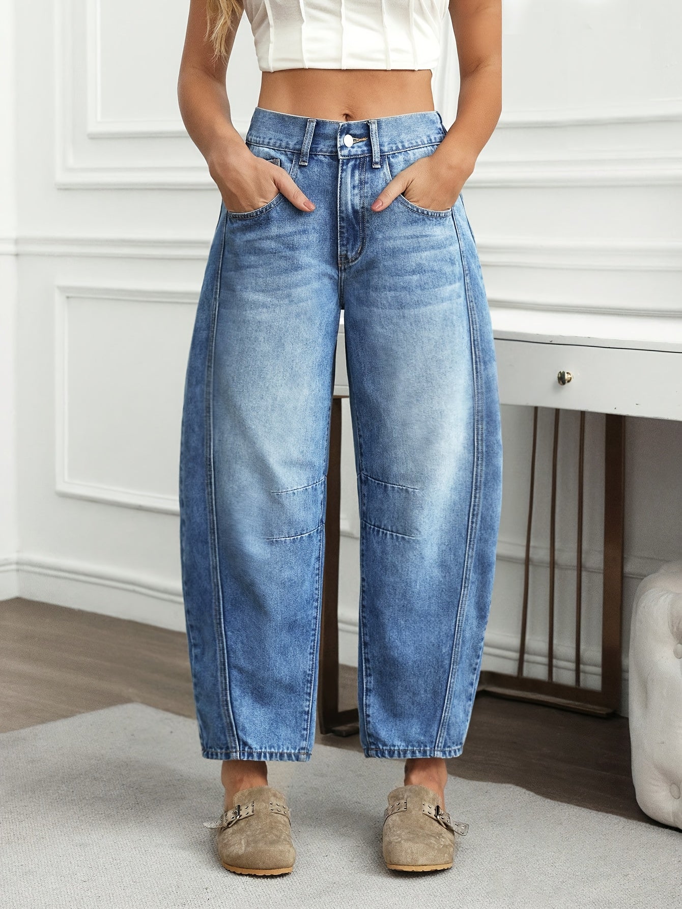 Faded Wash Barrel Jeans, front view