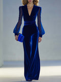 Blue velvet V-neck mesh-trim co-ord set, front view