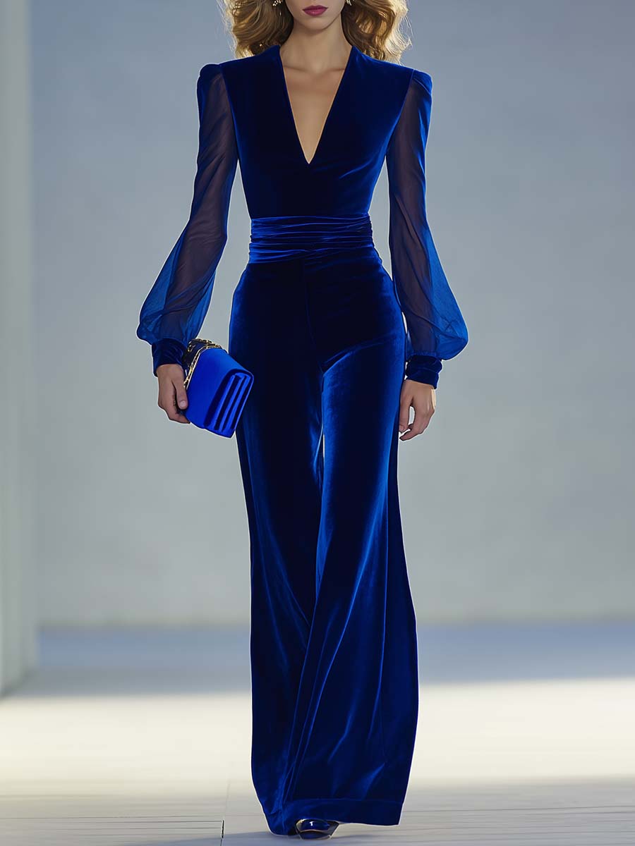 Blue velvet V-neck mesh-trim co-ord set, front view