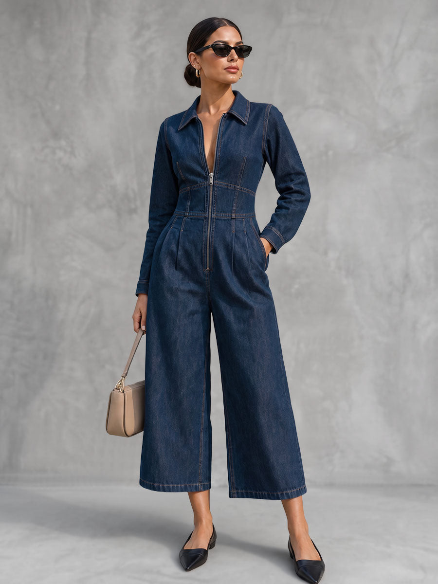 Navy Blue Cropped Denim-Blend Jumpsuit