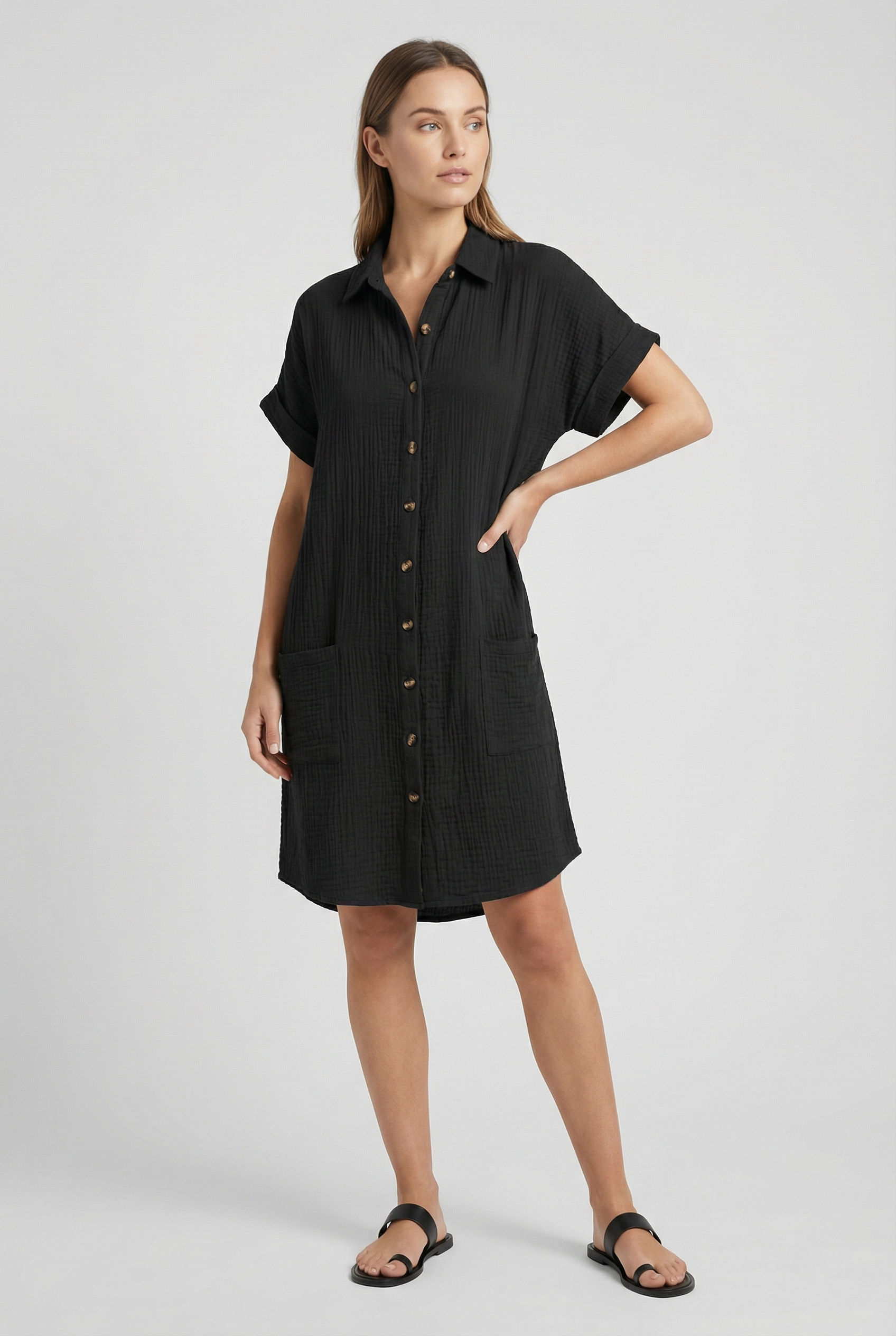 Women's Cotton Blend Short Sleeve Shirt Dress