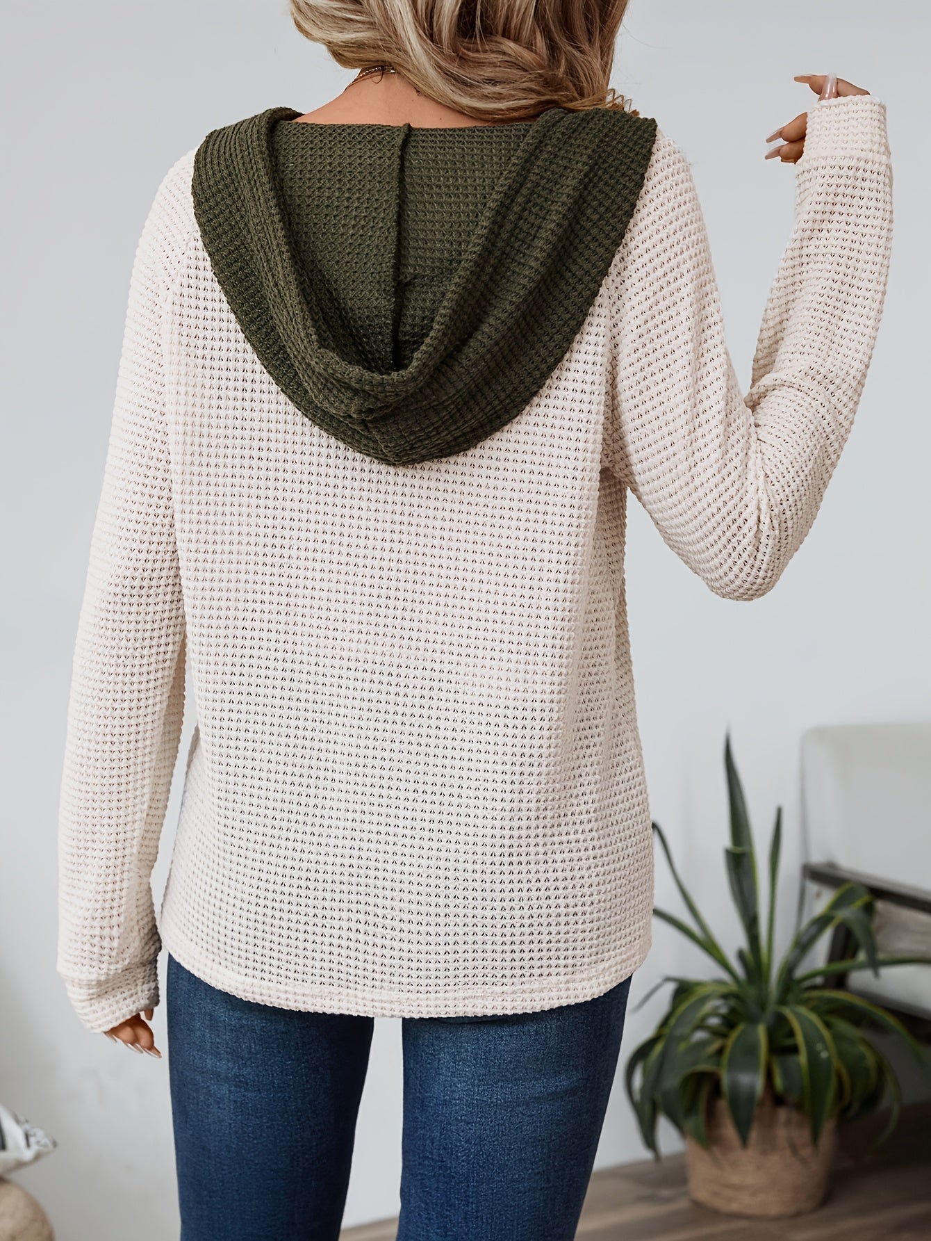 Beige relaxed waffle-texture hooded top