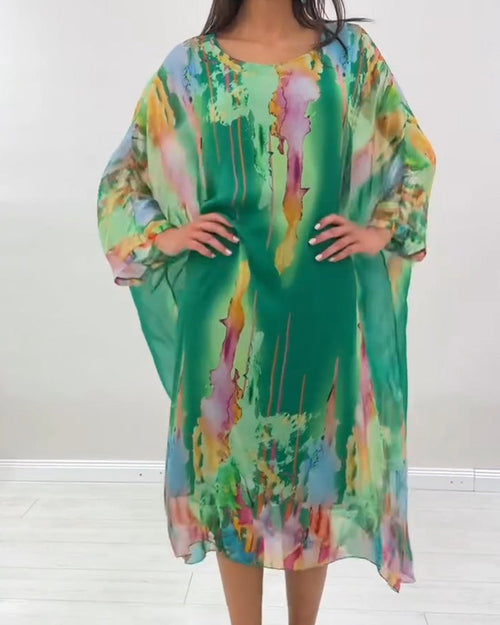 Batwing Sleeve Smudged Print Midi Dress | Senselle