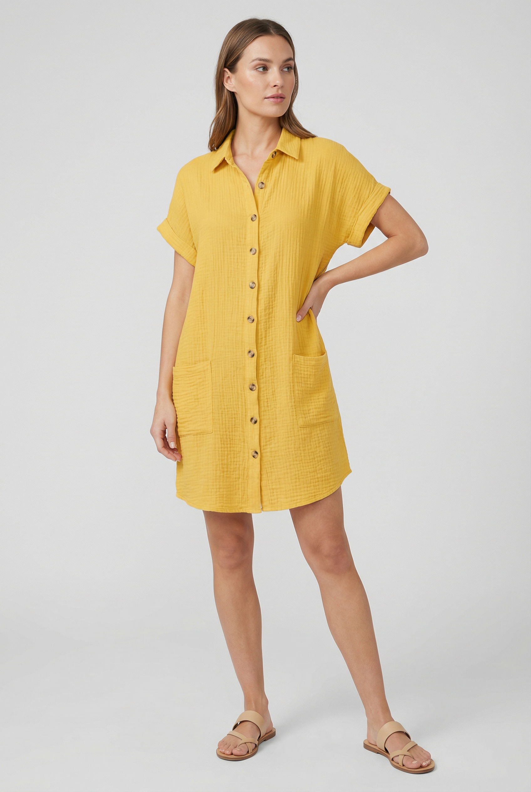 Women's Cotton Blend Short Sleeve Shirt Dress