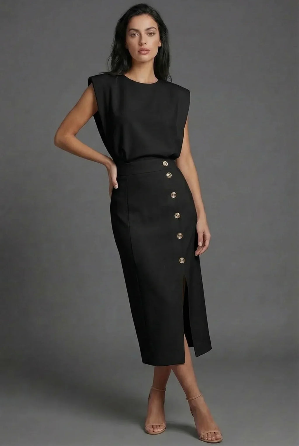 Shift Work Sleeveless Button Detail Midi Dress