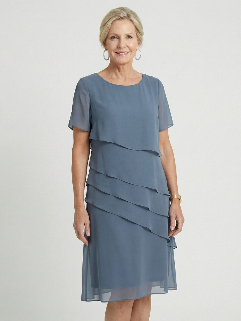 Classic Tiered Chiffon Midi Dress with Short Sleeves